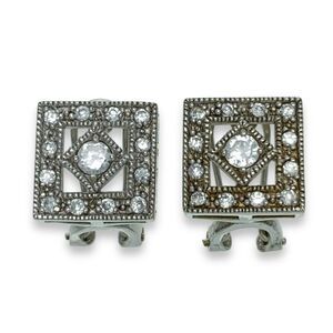 Square Milgrain Cut Out Clear Crystal Earrings | Vintage Sterling Silver 925